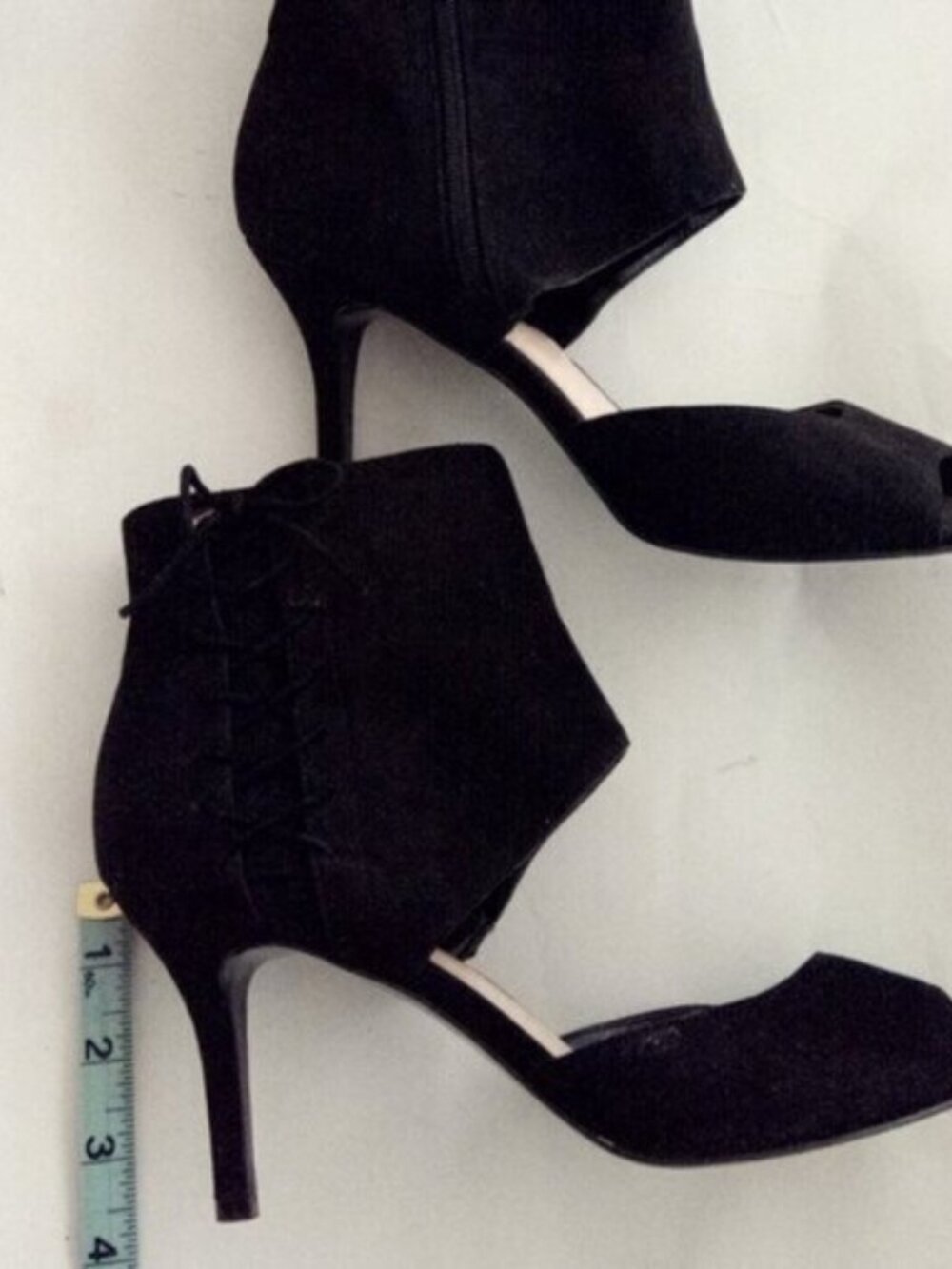 Nine West Peep Toe Lace Up Detail Side Zip Black Faux Suede Stiletto Heels SZ 9M